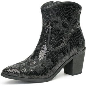 JABASIC Women Black Western Cowboy Ankle Boots Low Cowgirl with Zipper